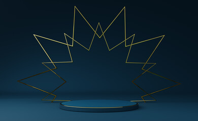 podium empty with geometric shapes in blue composition for modern stage display and minimalist mockup ,abstract showcase background ,Concept 3d illustration or 3d render