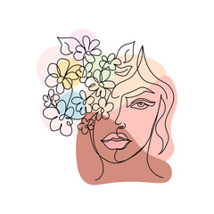 Continuous one line drawing a beautiful girl face makeup with abstract flowers on head in hair vector fashion illustration.