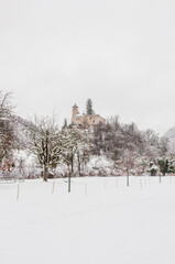 Arlesheim, Schloss Birseck, Burg, Ermitage, Dorf, Wanderweg, Wald, Schnee, Schneedecke, Baselland, Birstal, Birseck, Winter, Schweiz