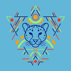 Leopard linear head in tribal frame.Vector colorful illustration in flat style