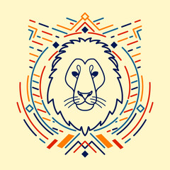 Lion linear head in tribal frame.Vector colorful illustration in flat style