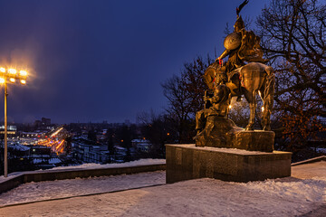 The monument to Peresvet is one of the symbols of the city of Bryansk on a snowy winter evening. Bryansk, Russia-January 2021