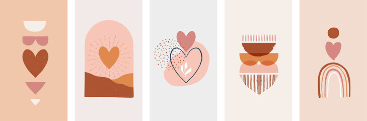 Bohemian, Boho Valentines day illustrations, hand drawn artwork in terracotta, earthy colours, heart and love concept design