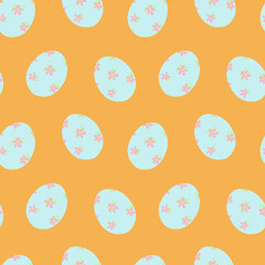 Fototapeta na wymiar Vector seamless pattern with easter eggs with floral ornament on delicate orange background for textile, decor, wrapping paper