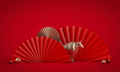 Chinese new year of the Ox background. Red and gold decorations. 3D Rendering