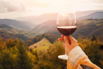 Rolgordijnen Vrouw hand met een glas rode wijn met uitzicht op de bergen. © Diana Vyshniakova