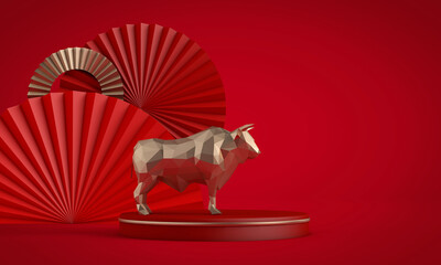Chinese new year of the Ox background. Red and gold decorations. 3D Rendering