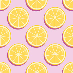 Citrus seamless pattern. Lemon slices on pink background. Textiles or packaging design.