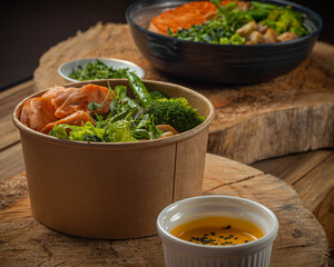 delicious bowl with vegetables and salmon 