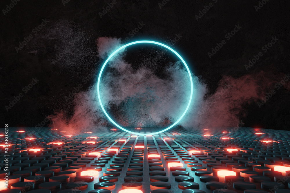 Poster 3d rendering of blue neon circle on shining button floor and surrounded by smoke