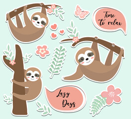 Cute sloth sticker set. Collection of design elements with trees, plants, flowers. Kids baby clip art funny smiling forest animal, sticker. Vector illustration © Lucia Fox