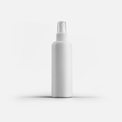 Mockup of a white plastic bottle with a transparent cap, aerosol dispenser, matte container for design presentation.