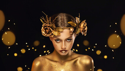 Fantasy portrait closeup woman with golden skin, lips, body. Girl in glamour wreath gold roses,...