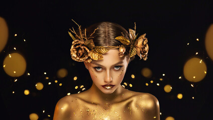 Fantasy portrait closeup woman with golden skin, lips, body. Girl in glamour wreath gold roses, accessories jewellery, jewelry. Beautiful face, steel glitter makeup. Elf fairy princess. Fashion model.