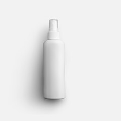 Template of a white plastic bottle for perfume, antiseptic, with an atomizer, with shadows, isolated on background.