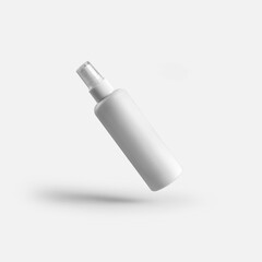 Template of a plastic white bottle with a spray bottle for perfume, with a transparent cap, blank vial for design presentation.