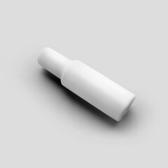 Mockup of matt white bottle with atomizer, cylindrical plastic vial with cap, isolated on background.
