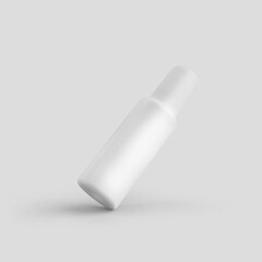 Template of a white plastic bottle with an atomizer, with a cap, matte vial with an aerosol for design presentation, advertising in cosmetology, pharmacy.