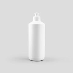 Mockup of white plastic bottle with push-pull for liquid detergent, dishwasher isolated on background.