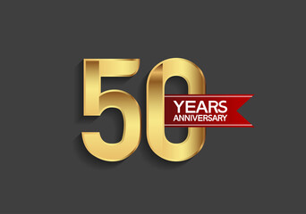 50 years anniversary simple design with golden color and red ribbon isolated on black background can be use for template, element, greeting card, invitation and special celebration event