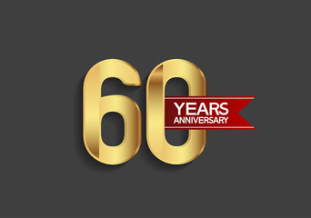60 years anniversary simple design with golden color and red ribbon isolated on black background can be use for template, element, greeting card, invitation and special celebration event