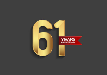 61 years anniversary simple design with golden color and red ribbon isolated on black background can be use for template, element, greeting card, invitation and special celebration event