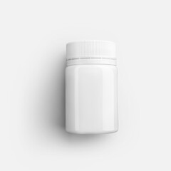 Template of round glossy bottle, white plastic jar for pills, vitamin, cosmetics, isolated on background.