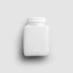 Mockup plastic matte jar for tablets, pills, gel, square white bottle isolated on background.
