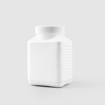 Mockup of a white plastic square jar for vitamins, tablets, supplements, for design presentation, advertising in medicine.