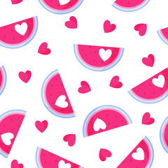 Seamless pattern of watermelon with heart for the wedding or Valentine's Day.