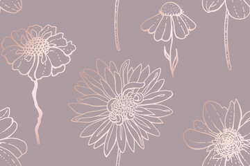 Chrysanthemum, dahlia, Echinacea and other flowers. Seamless floral pattern. Line art with glossy gradient effect. Art illustration with pastel gold rose pink color - 408805667
