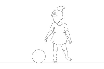 Little child plays with a ball. Childrens games. One continuous drawing line  logo single hand drawn art doodle isolated minimal illustration.