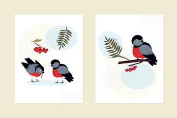 A set of cards, invitations. A bullfinch is sitting on a branch of a rowan tree. A pair of birds strolls and eats. Clusters of red berries, various leaves. abstract geometric shapes.