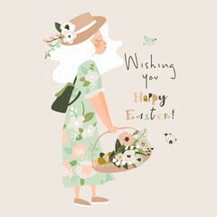 Cartoon beautiful girl holding basket with easter eggs and flowers