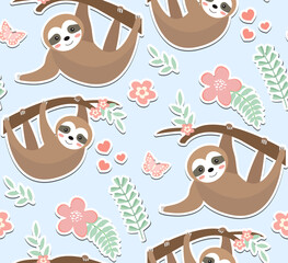 Cute sloth seamless pattern. Endless texture with trees, plants, flowers. Kids baby clip art funny smiling forest animal background. Vector illustration