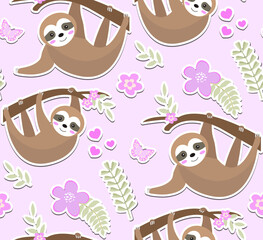 Cute sloth seamless pattern. Endless texture with trees, plants, flowers. Kids baby clip art funny smiling forest animal background. Vector illustration © Lucia Fox