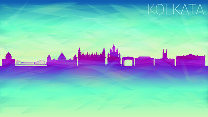 Kolkata India City Skyline Vector Silhouette. Broken Glass Abstract Geometric Dynamic Textured. Banner Background. Colorful Shape Composition.