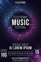 Electronic music festival. Party flyer. Stylish purple and blue glittering halftone banner. Glowing vibrant ring. Text decoration. Club and DJ name. Vector illustration