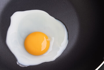 Close up view of fried egg on frying pan.