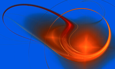 Abstract artwork on vivid blue background. Red hot star or sun with unwinding beams and tails, stripes or rays.