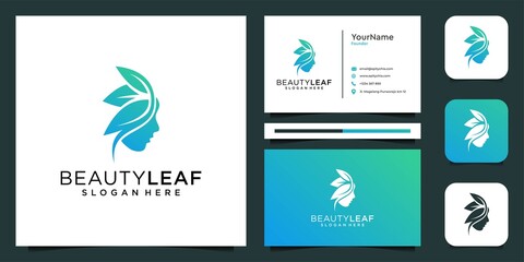 Fototapeta na wymiar Woman face and leaf logo and business card set inspiration