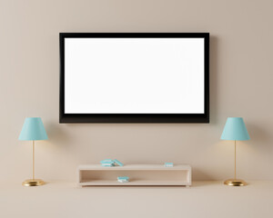 3d rendering television with blank screen in living room.