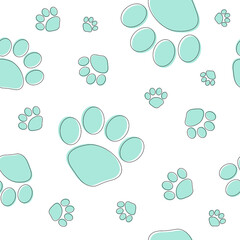 Abstract and creative print of paws in tender muted blue color on white. Randomly scattered symbol. Great for wrapping, packaging, fabric design, banner, backdrop. Suits for kids.