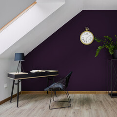 Attic home office room with violet wall