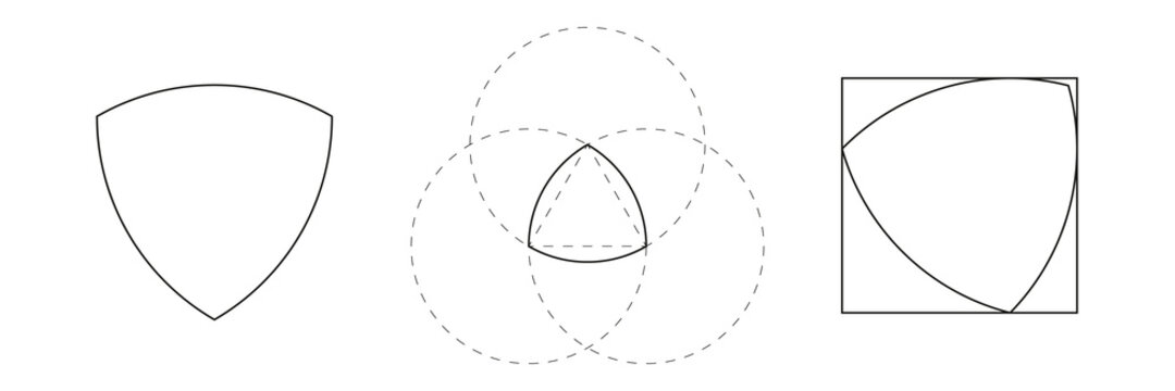 Black Reuleaux triangle on white background. Triangle with constant width. Vector illustration. Reuleaux polygon. Curve of constant width