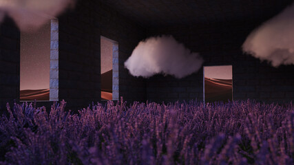 lavender garden clouds 3d rendering
