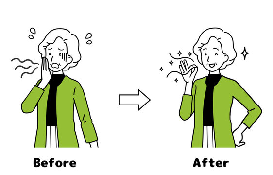 Illustrations of seniors suffering from bad breath, before and after illustrations.