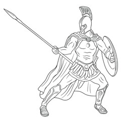 Ancient Roman warrior legionary with a spear and shield in his hands is standing ready to attack. Vector illustration isolated on white background.