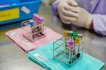 Blood test tubes in modern science laboratory at the hospital.