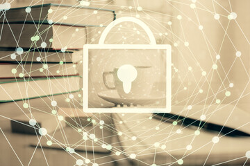 Double exposure of lock drawing and desktop with coffee and items on table background. Concept of securitization.